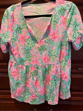 Lilly Pulitzer Aqua and Pink Floral V-Neck Top